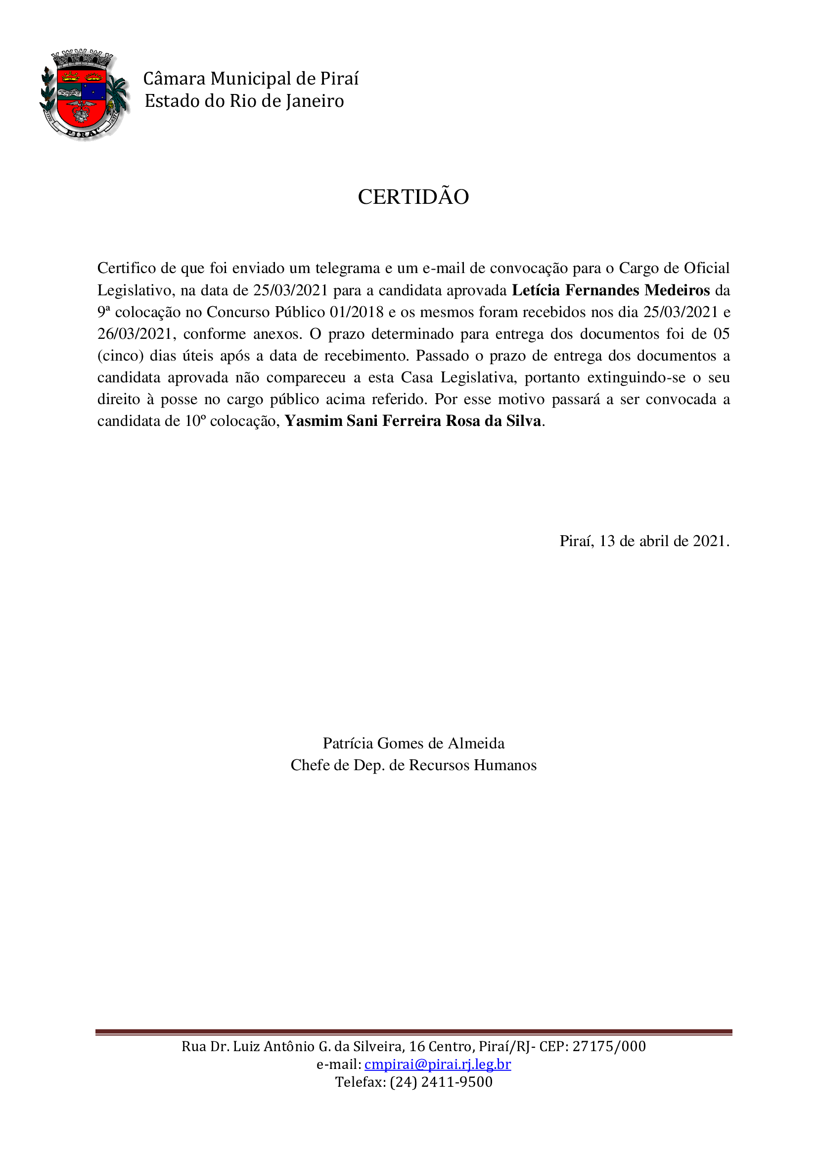 Câmara convoca mais um candidato aprovado em concurso público 