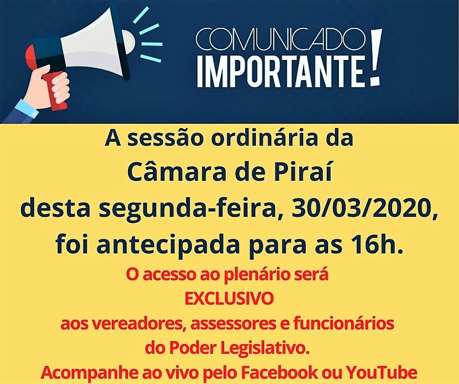 Horário da sessão desta segunda-feira (dia 30) é antecipado